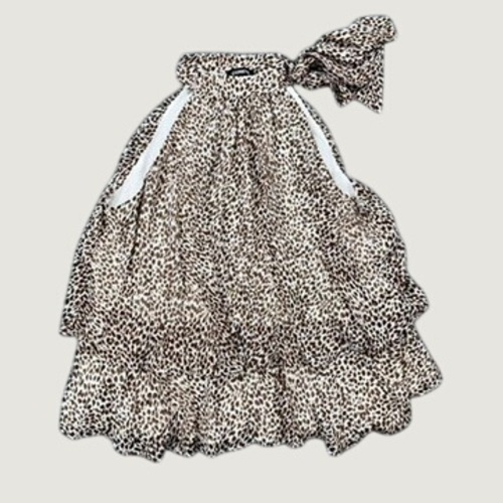 Express Leopard Print Top Womens Medium Brown Bow Neck Tiered Ruffle Mob Wife
